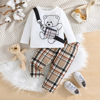 Adorable Cartoon Bear Long Sleeve Tee and plaid Long Pants Outfit for Newborn to Toddler