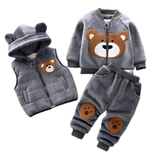 Adorable winter 3 piece brown bear grey fleece set. Baby boys and girls. 0 - 4 Years old