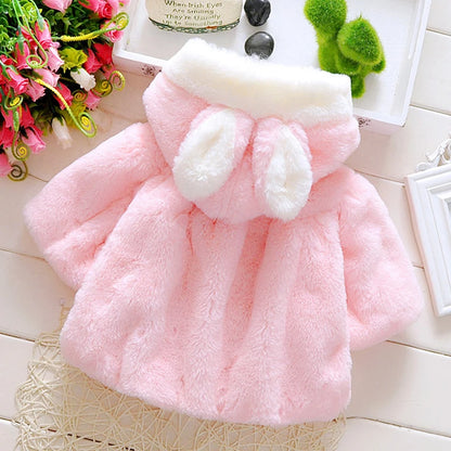 Back of Baby Autumn pink hooded Jackets – Cute Rabbit Plush Princess Coat for baby girls. 0-2 years