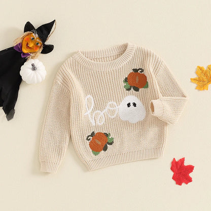 Adorable Beige Halloween Pumpkin Ghost Sweater. Baby Girl and Boy 0-3Years