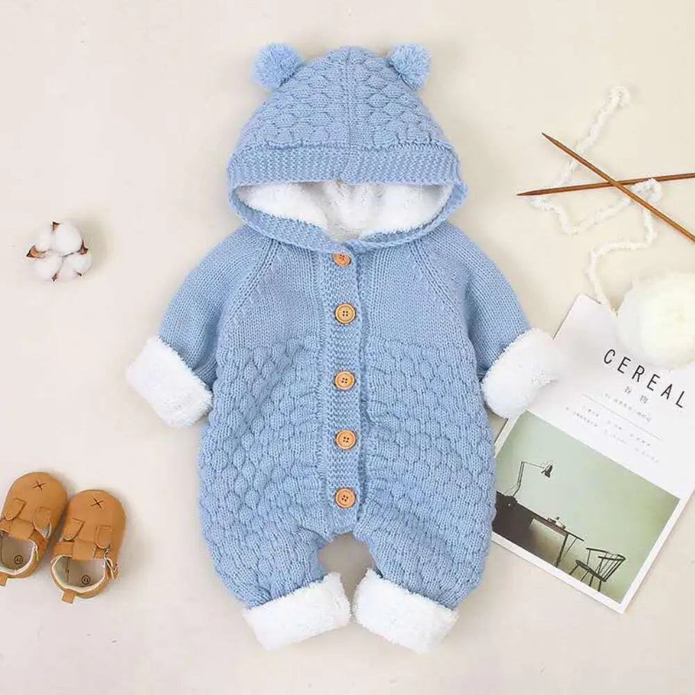 Adorable blue Hooded Ear Winter Knit Jumpsuit. Baby boy and girl 0-2 years