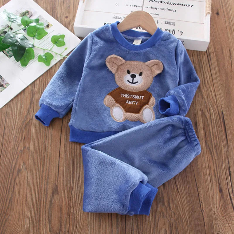 Adorable Winter blue cartoon bear theme 2 piece fleece set infant and baby boy and girl. 1 - 6 years