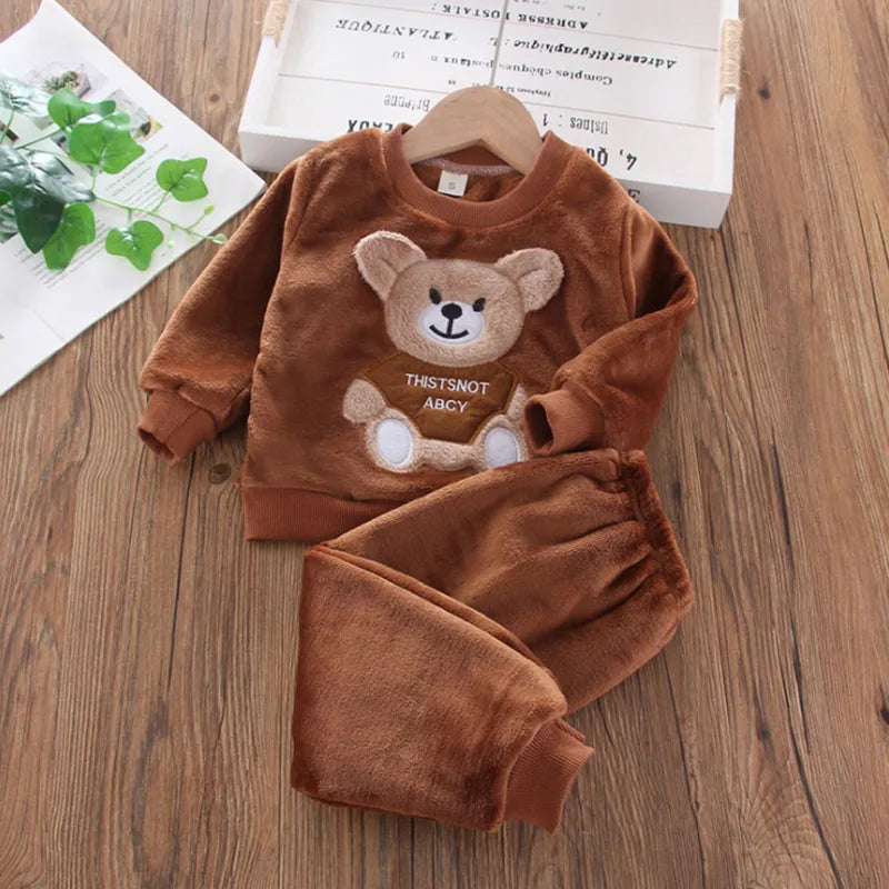 Adorable Winter Brown cartoon bear theme 2 piece fleece set infant and baby boy and girl. 1 - 6 years