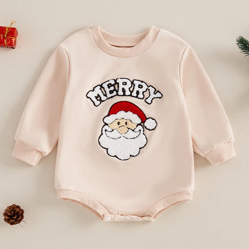 Christmas "Merry" Cartoon printed Santa baby romper. Long sleeve. 0-2 Years