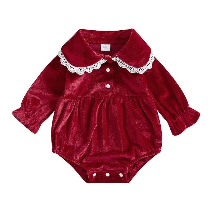 Adorable Christmas Red Lace Trim Velvet Romper. Baby Girl 0-2 Years