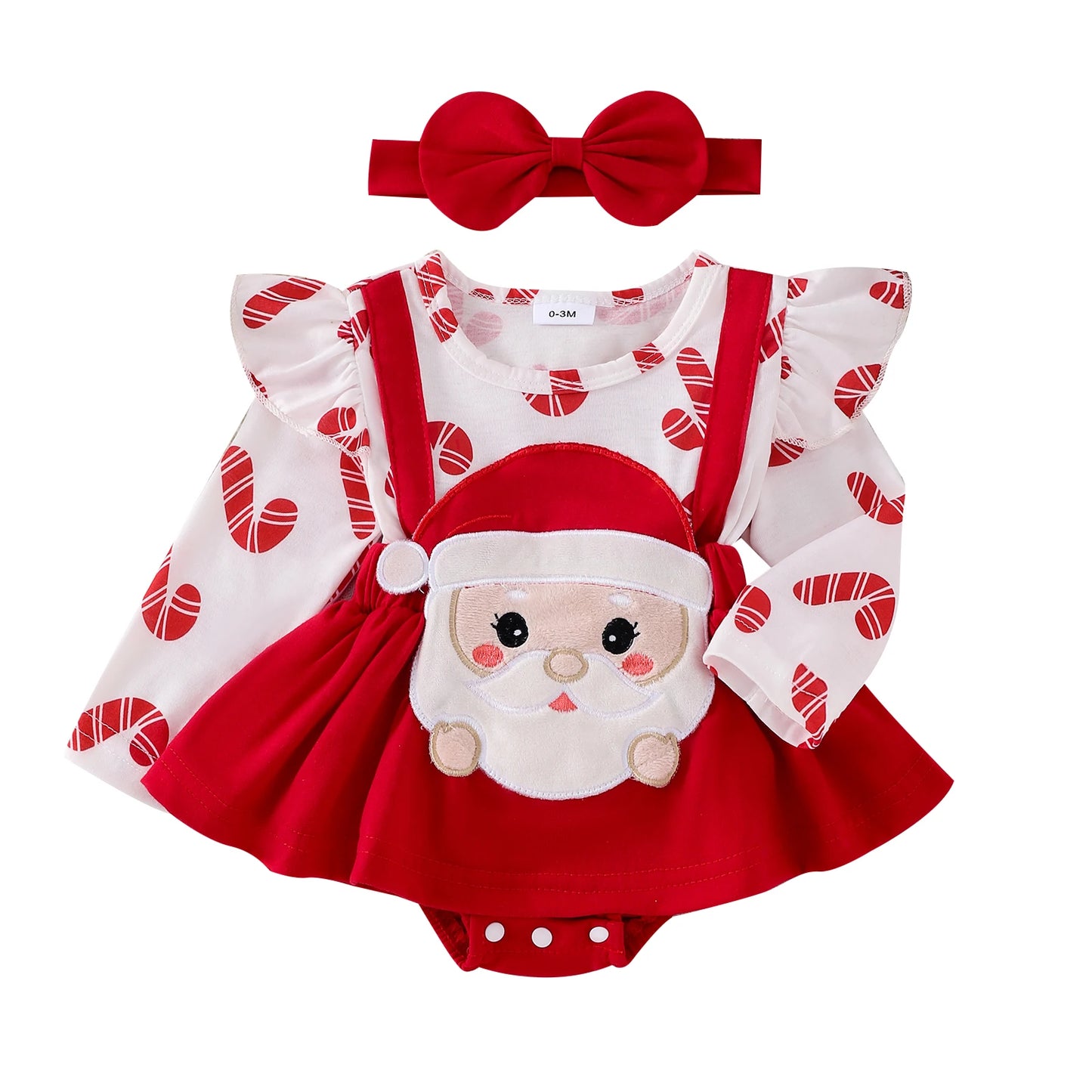 Adorable Christmas cartoon Santa printed baby romper dress with red headband set. 0-2 Years