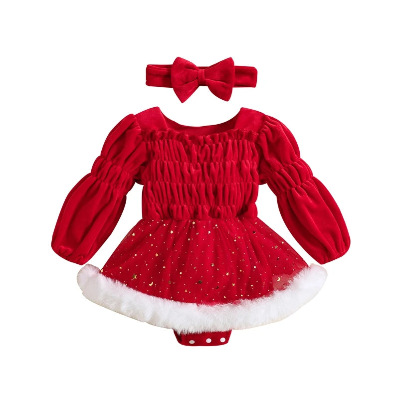 Festive Crinkle Style Christmas Dress Romper. Baby girl 0-2 years