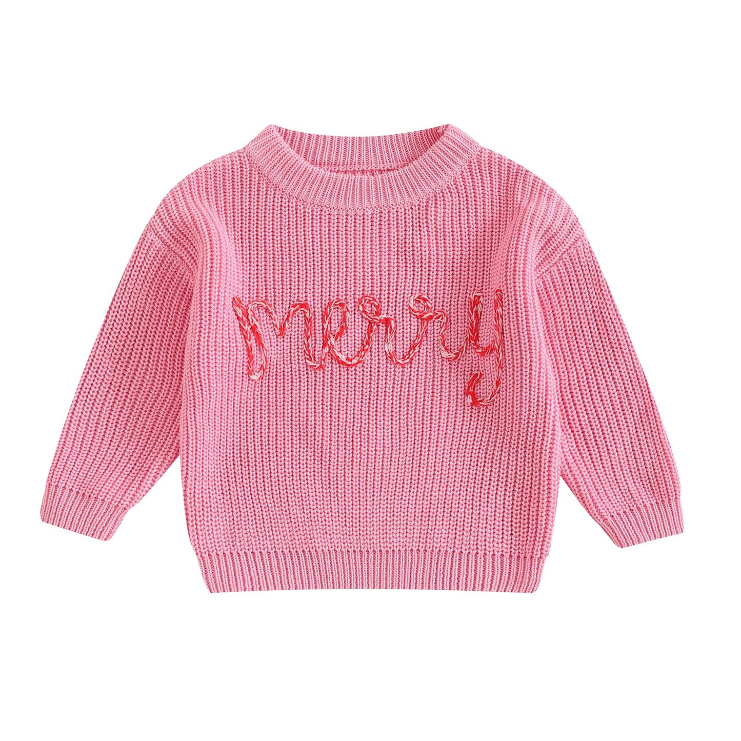 Collection of adorable Festive "Merry" printed Pink Christmas Baby Sweaters. Baby girl and boy 0-3 years