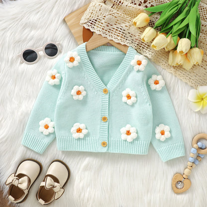 Adorable Green 3D Floral Baby Girl Cardigan 0 - 3 Years