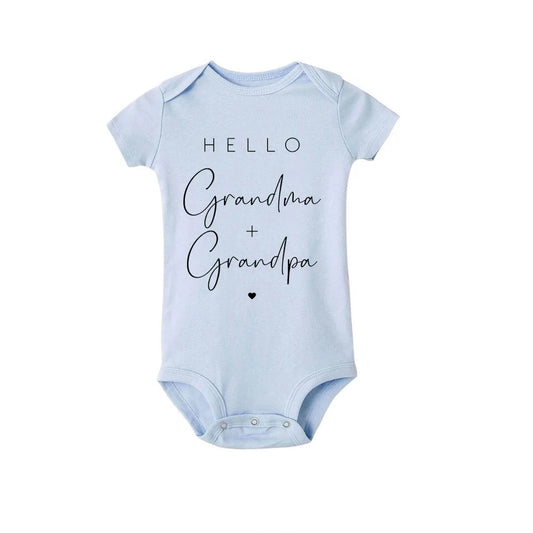 Adorable "Hello Grandma + Grandpa" Light Blue Short Sleeve Baby Romper