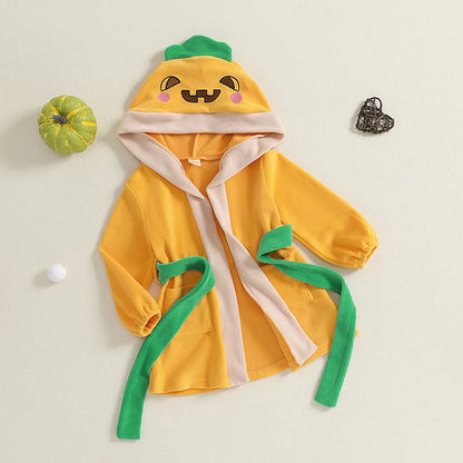 Baby Hooded Pumpkin Halloween Bathrobe with Belt. Baby girl and boy. 0-3 Years