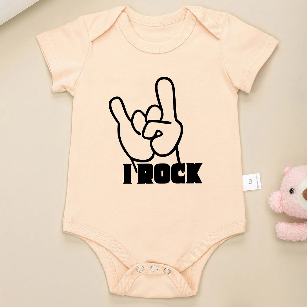 Adorable "I Rock" Short Sleeve Khaki Baby Romper