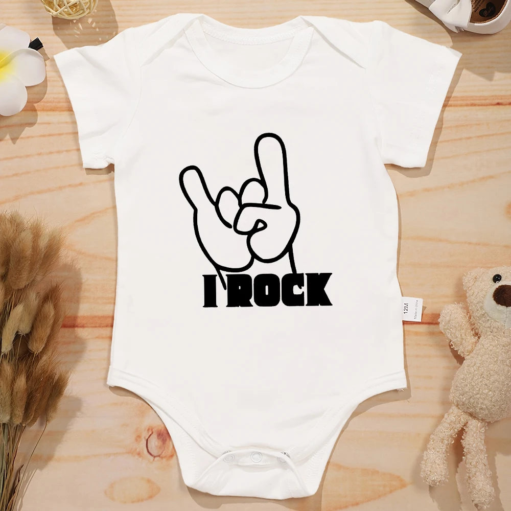 Adorable "I Rock" Short Sleeve White Baby Romper