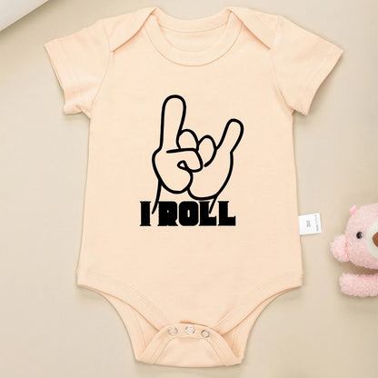 Adorable "I Roll" Short Sleeve Khaki Baby Romper