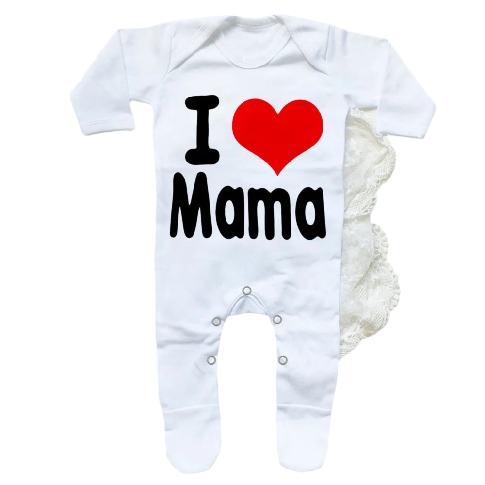 Adorable long sleeve "I heart mama" White baby girl and boy romper. 0-6 Months