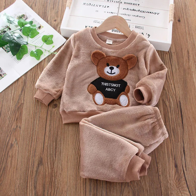 Adorable Winter khaki cartoon bear theme 2 piece fleece set infant and baby boy and girl. 1 - 6 years