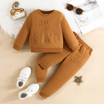 Adorable "King" Print Long Sleeve Brown Baby Boy Sweatshirt