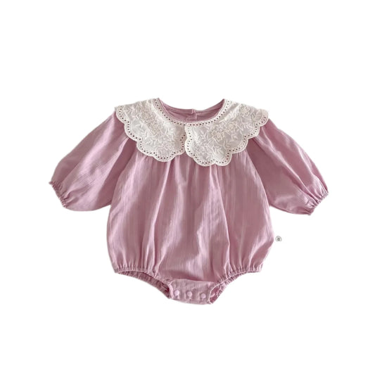 Adorable Korean Fashion Pink Baby Girl Romper – Lace Collar Long Sleeves. 0-1 Year