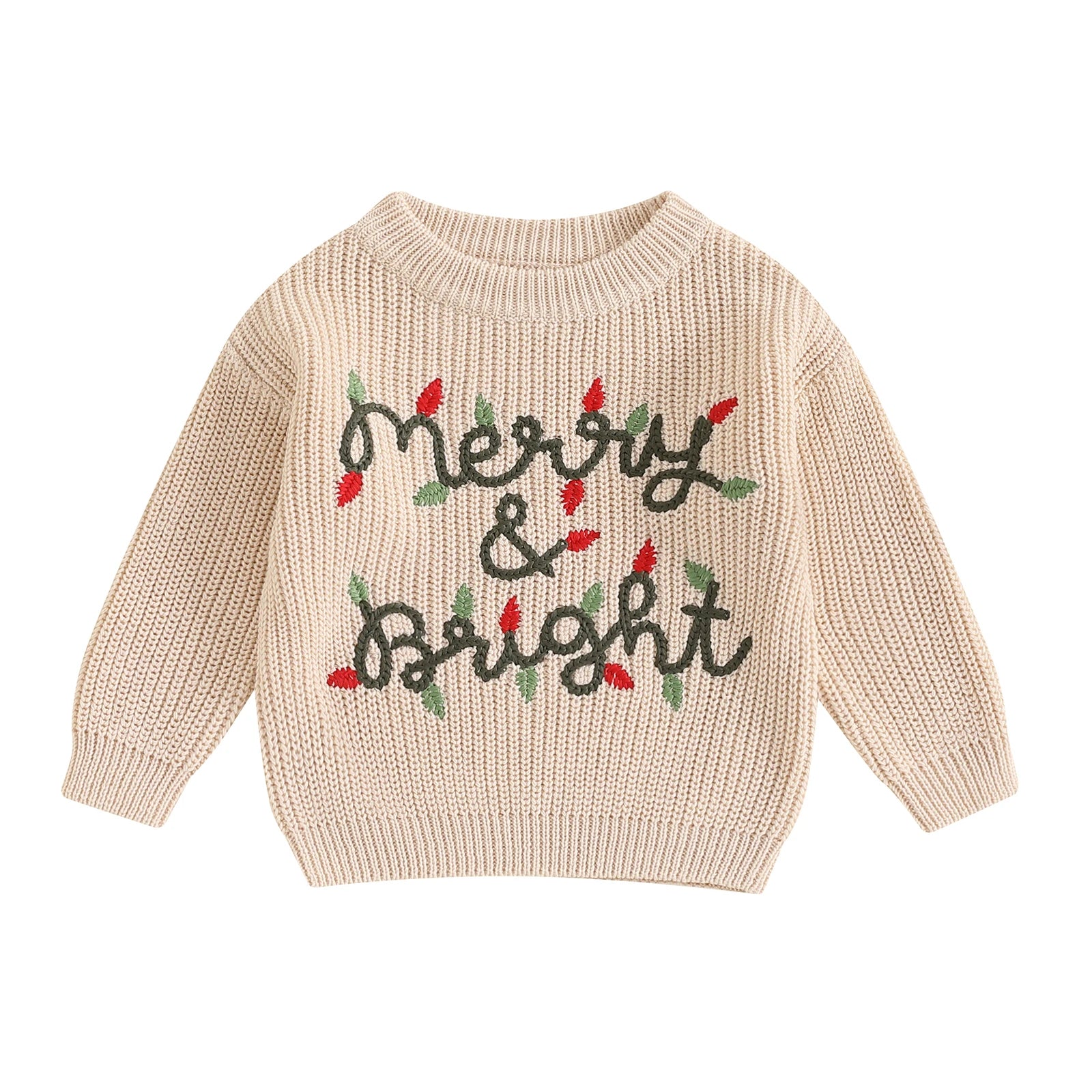 Adorable and festive "Merry and Bright" beige Baby Christmas Sweater. 0-3 Years