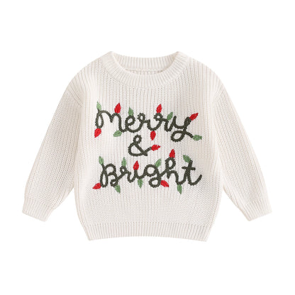 Adorable and festive "Merry and Bright" white Baby Christmas Sweater. 0-3 Years