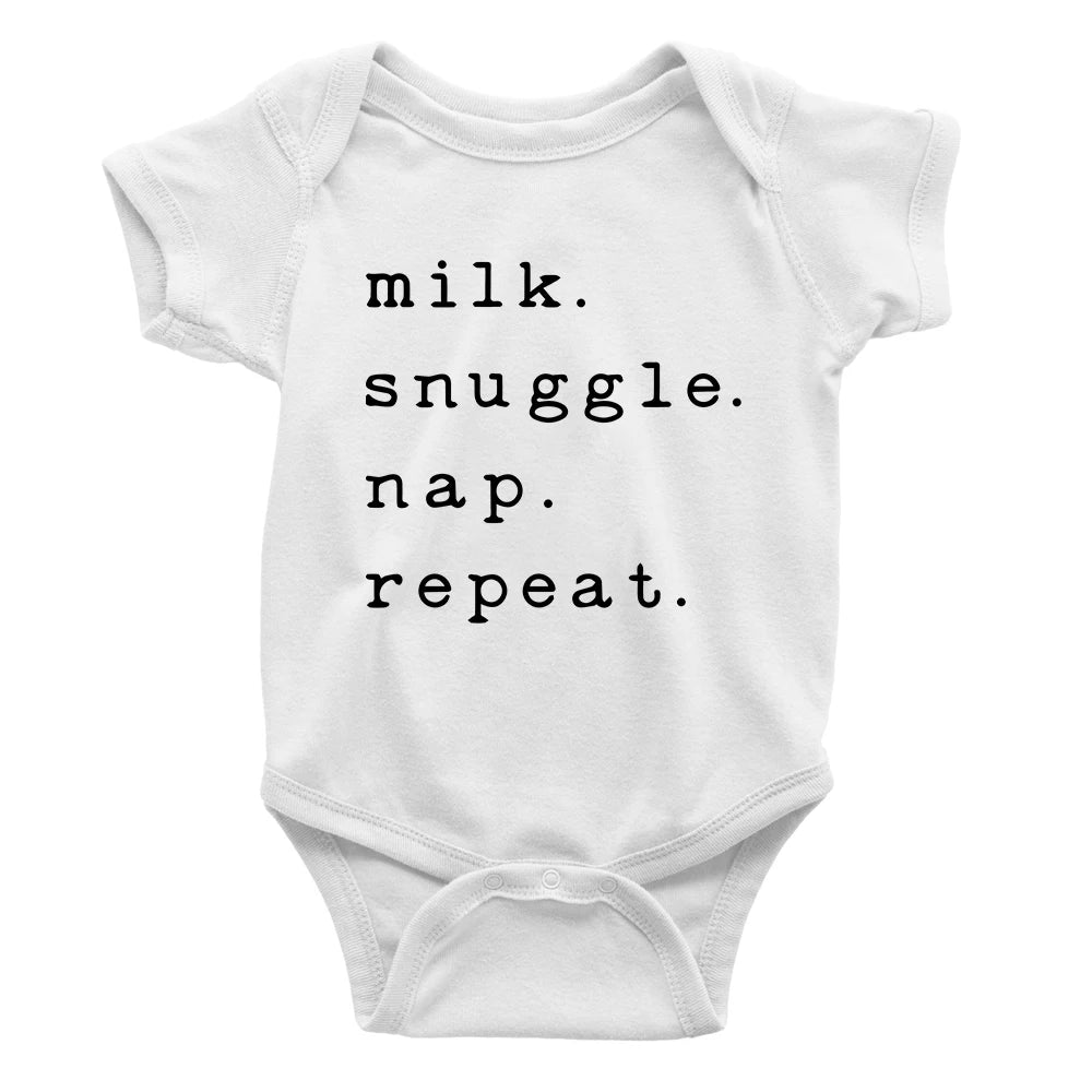 Funny "Milk, Snuggle, nap, repeat" Short Sleeve White Baby Romper