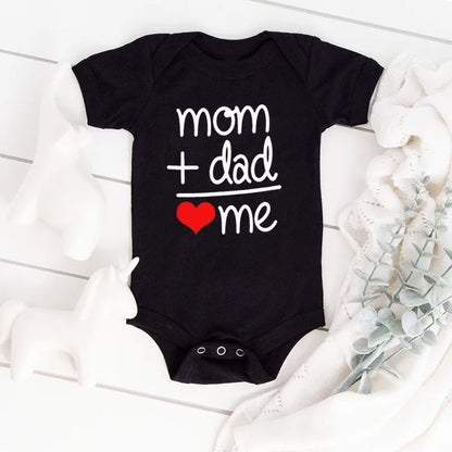 Adorable "Mum + Dad Equals me" Short sleeve black baby romper