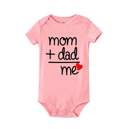 Adorable "Mum + Dad Equals me" Short sleeve pink baby romper