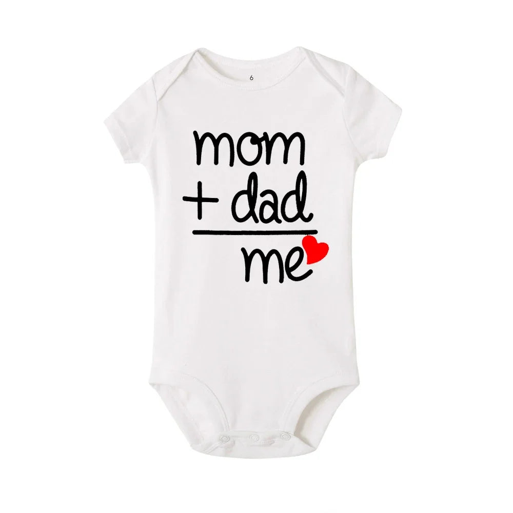 Adorable "Mum + Dad Equals me" Short sleeve white baby romper