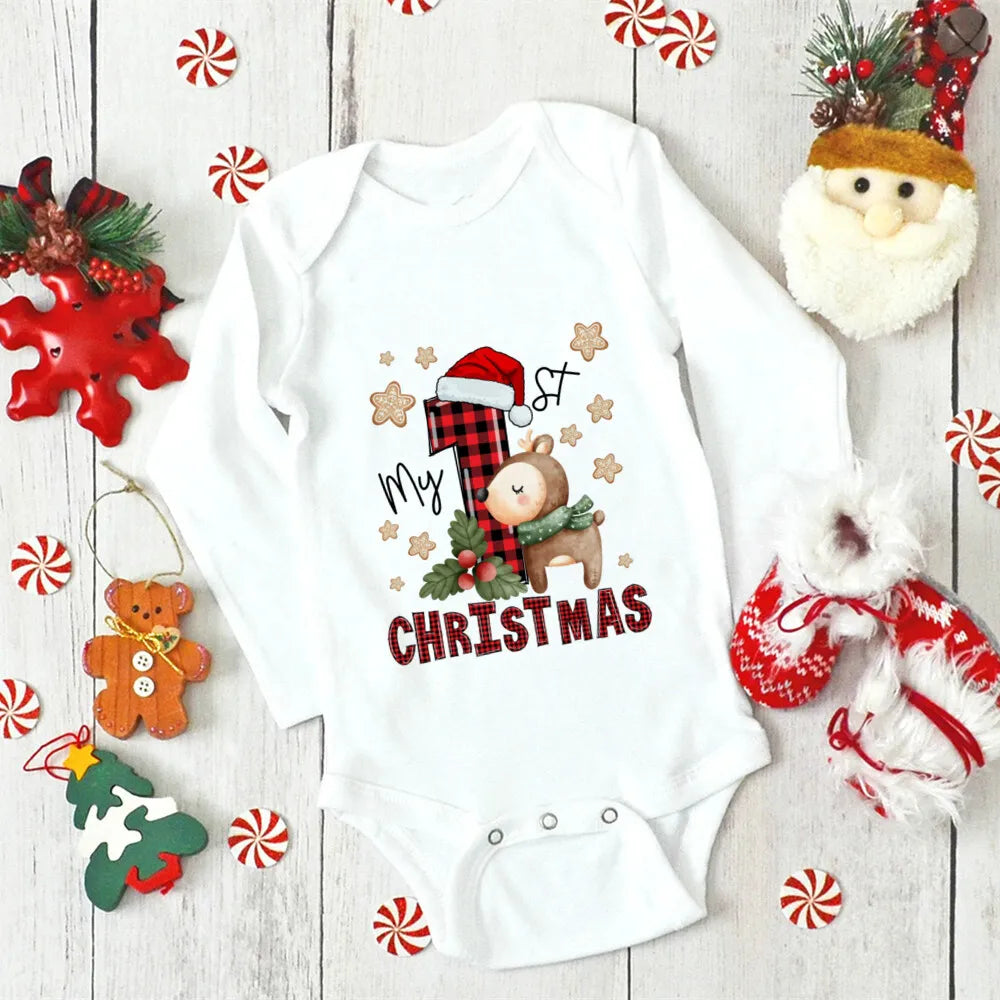 Adorable Festive "my 1st Christmas" Cartoon Deer Long sleeve baby romper 0 - 2 years