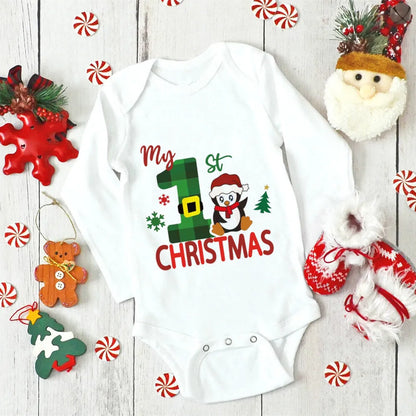 Adorable Festive "my 1st Christmas" Cartoon Penguin Long sleeve baby romper 0 - 2 years