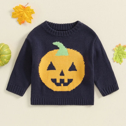 Adorable and festive Navy Blue Halloween Pumpkin Sweater. Baby boy 0-3 years