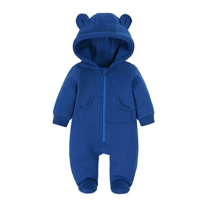 Adorable navy Hooded Bear Winter Thick Warm Romper. Baby boy and girl 0-2 Years