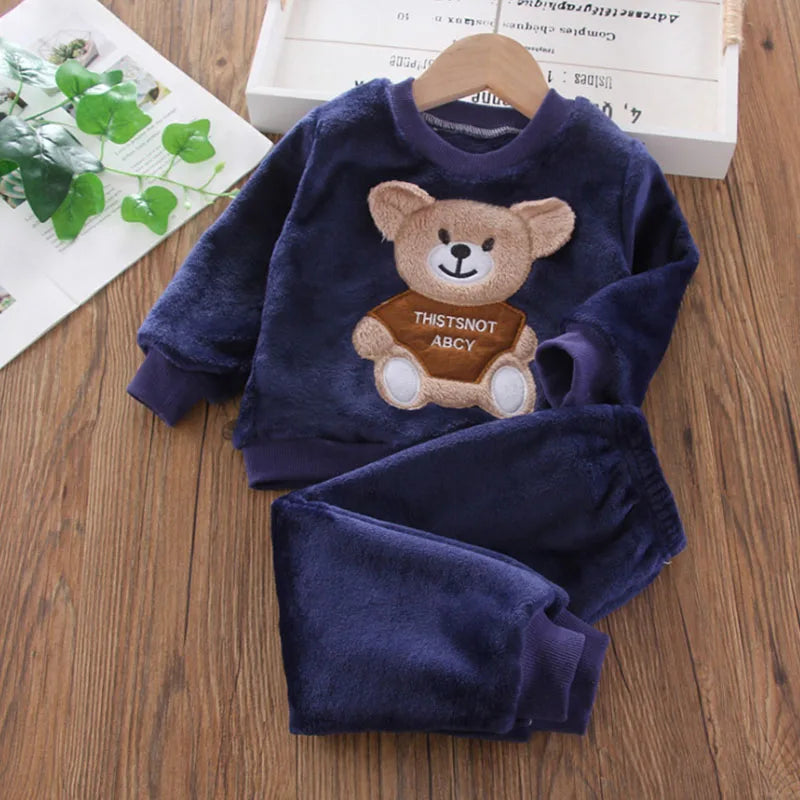 Adorable Winter navy cartoon bear theme 2 piece fleece set infant and baby boy and girl. 1 - 6 years