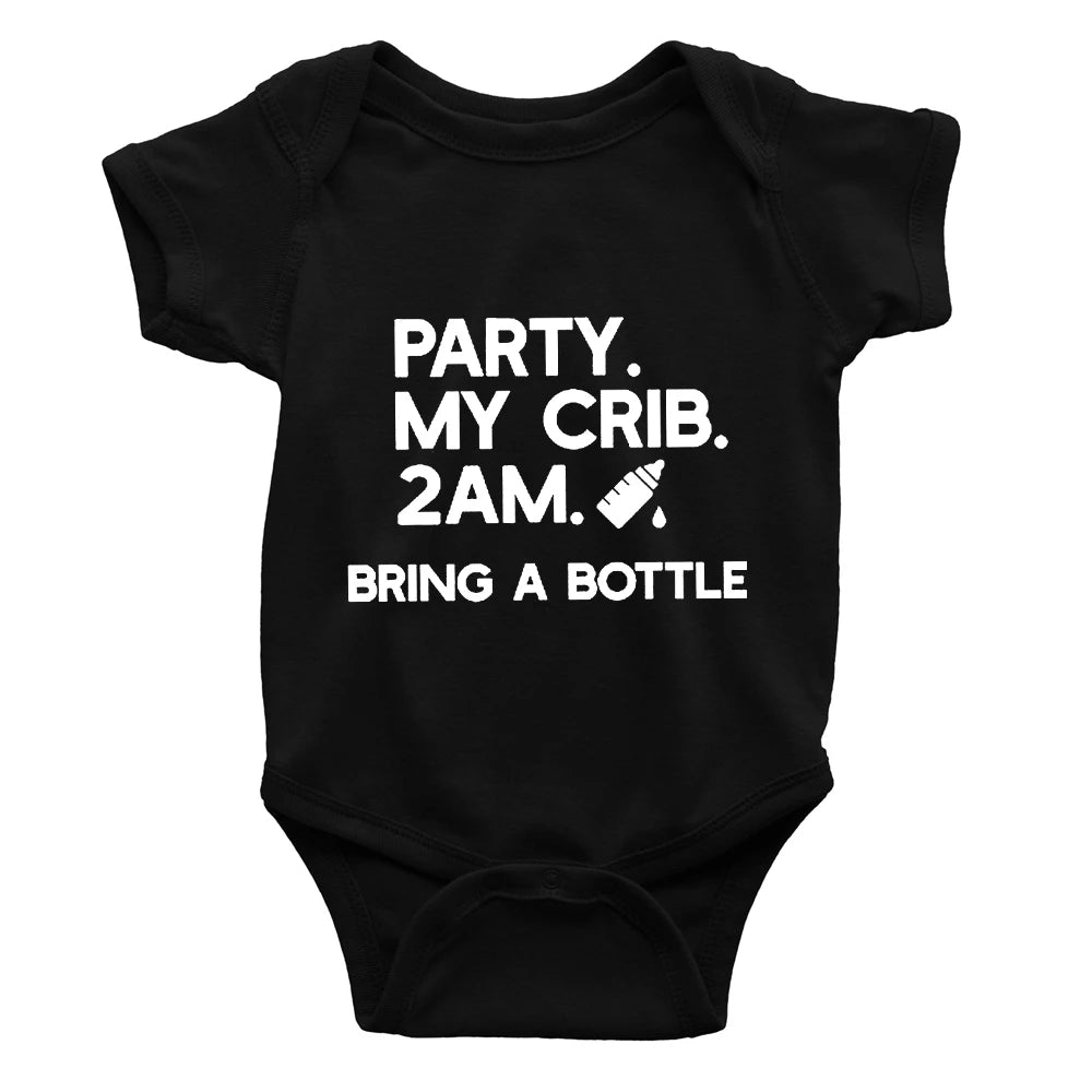 Funny "Party my crib" Black Short Sleeve Baby romper