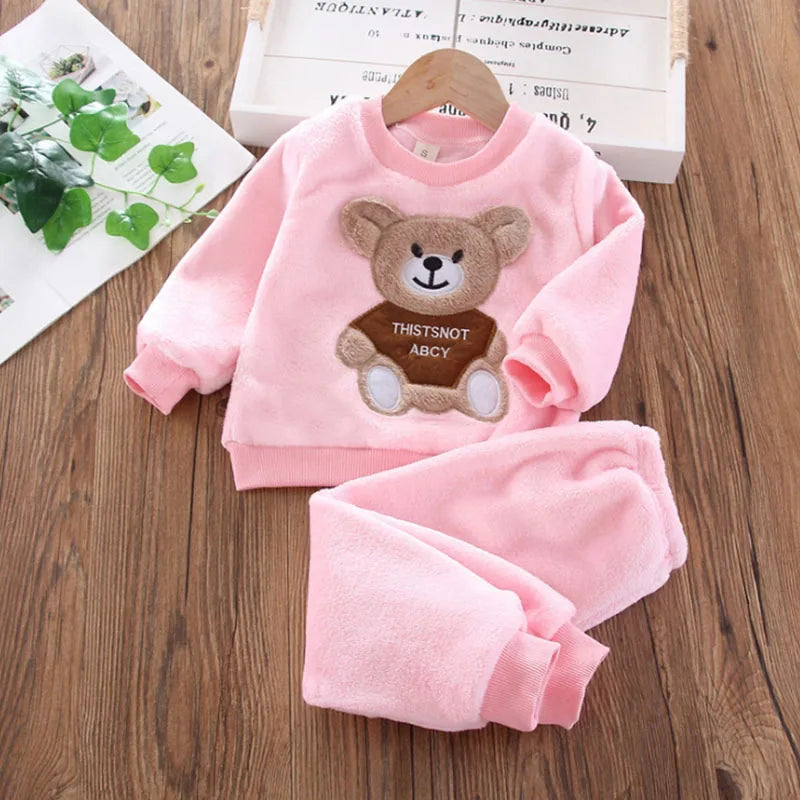 Adorable Winter pink cartoon bear theme 2 piece fleece set infant and baby girl. 1 - 6 years