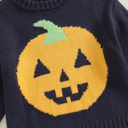 Pumpkin from adorable and festive Navy Blue Halloween Pumpkin Sweater. Baby boy 0-3 years