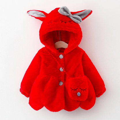 Back of Cosy and warm Red Rabbit Ears Winter Plush Jacket. Baby girl 0-3 Years