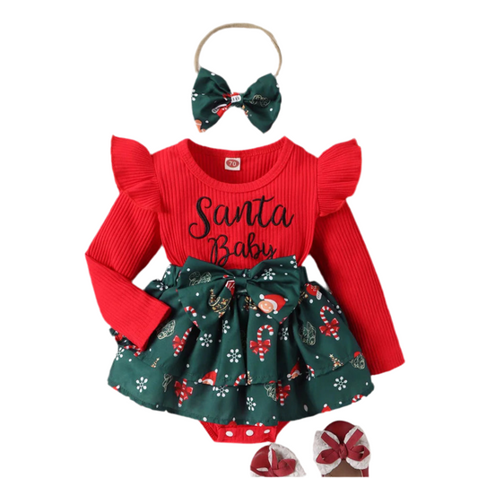 Adorable and festive Red Santa Bodysuit and Green Dress Set (2 Piece). Baby girl 0-2 Years