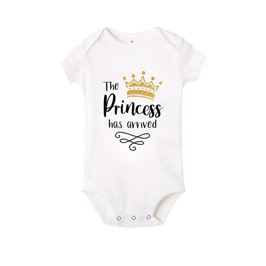 "The Princess Has Arrived" Crown Print Romper