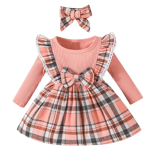 Adorable Plaid Princess Pink Dress With Matching Bow (2 Piece). Baby girl 0-3 Years