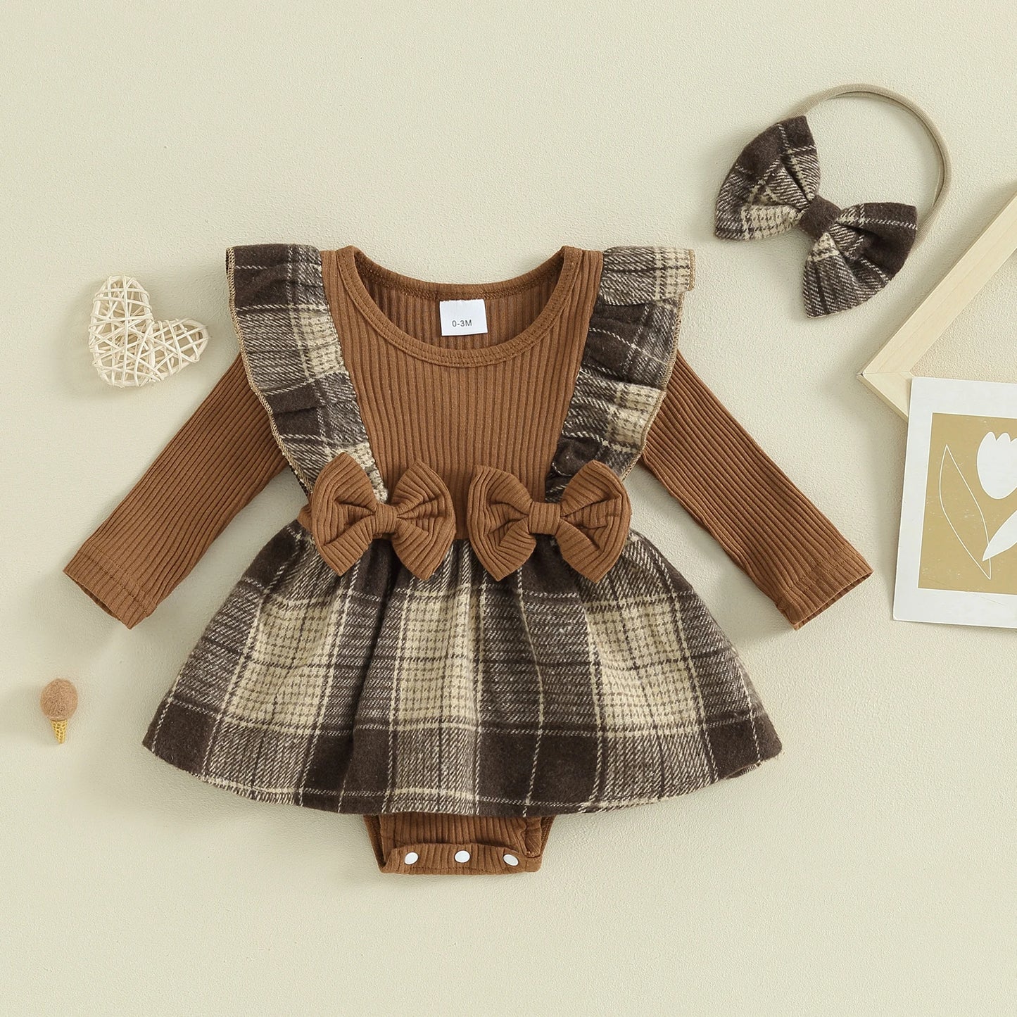 Adorable Plaid Patchwork Romper Dress with Bow Headband (2 Piece). Bay girl 0-2 Years