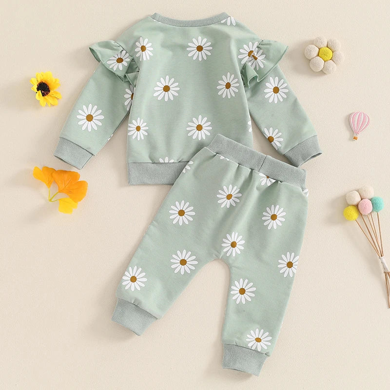 Adorable green daisy Print Long Sleeve Sweatshirt & Elastic Waist Pants baby girl 2-Piece Set. 0-3 Years