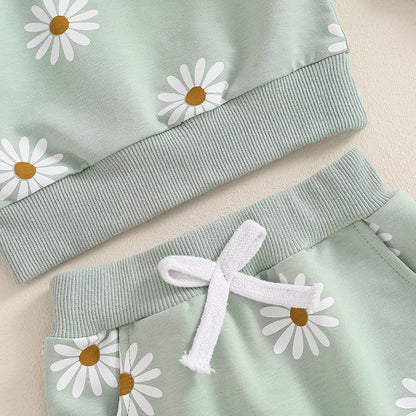 Pants of adorable green daisy Print Long Sleeve Sweatshirt & Elastic Waist Pants baby girl 2-Piece Set. 0-3 Years