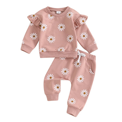 Crew neck of adorable pink daisy Print Long Sleeve Sweatshirt & Elastic Waist Pants baby girl 2-Piece Set. 0-3 Years