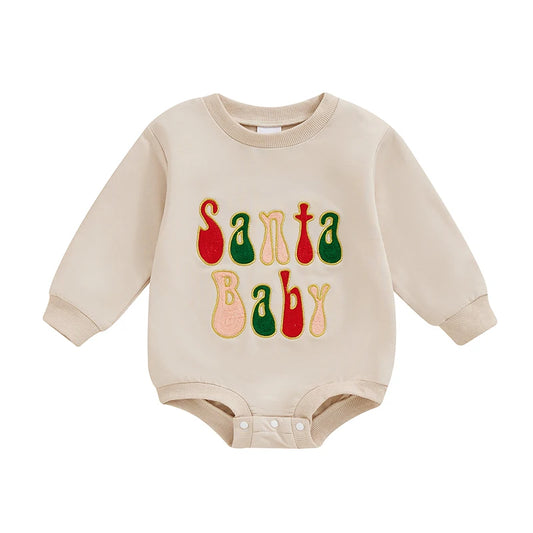 Adorable Christmas "Santa Baby" Long Sleeve Khaki Baby Romper 0 - 2 Years