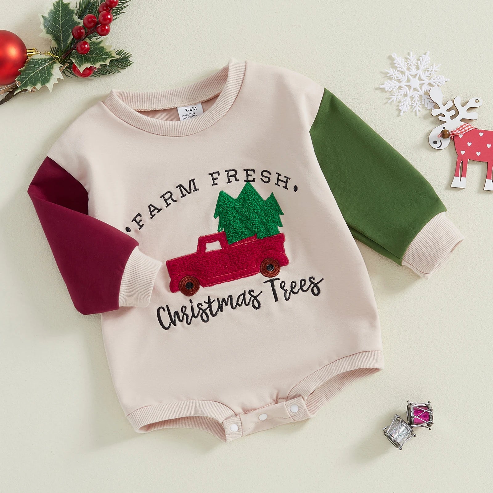 Festive Christmas Tree Truck Long sleeve Romper. Baby boy and girl 0-2 Years