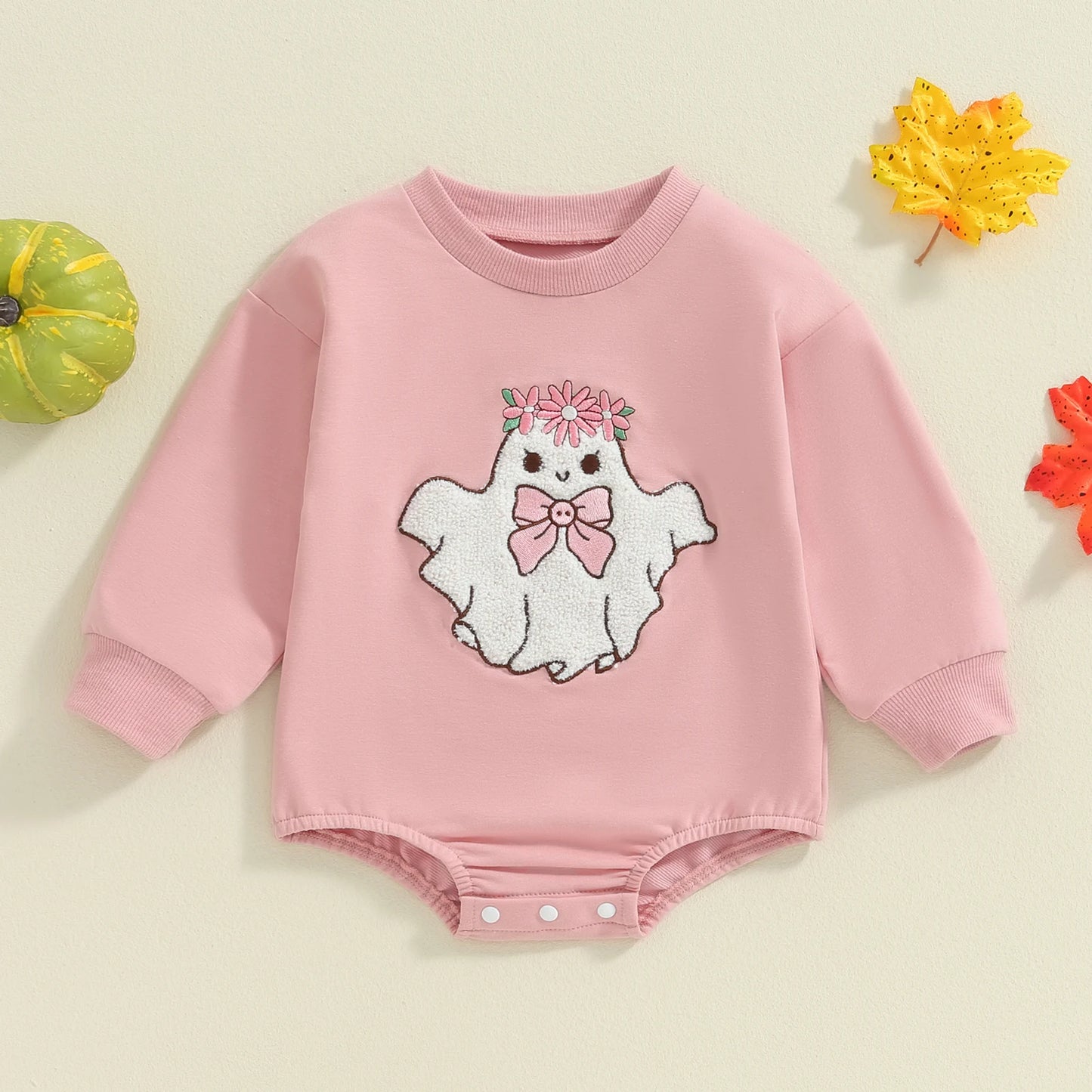 Adorable Halloween Floral Ghost Pink Romper. Baby girl 0-2 Years