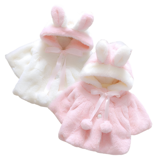 Baby Autumn white and pink hooded Jackets – Cute Rabbit Plush Princess Coat for baby girls. 0-2 years