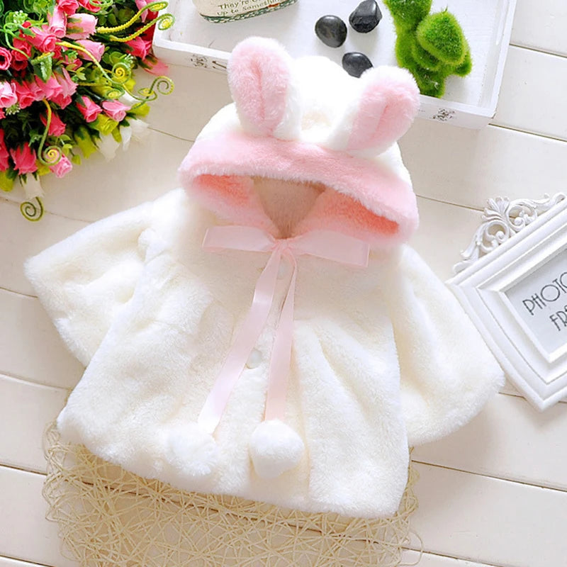 Baby Autumn white hooded Jackets – Cute Rabbit Plush Princess Coat for baby girls. 0-2 years